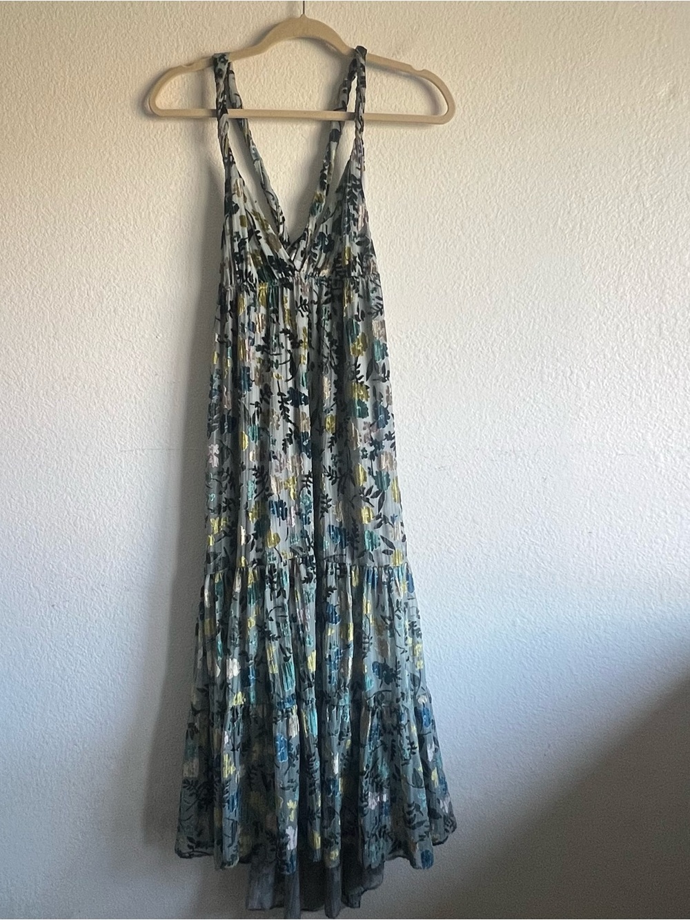 Anthropologie Burnout Velvet Midi Dress Floral Tiered Cross-Back Blue Small NWT - Picture 6 of 14